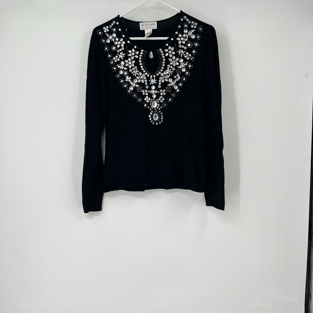 Victor Costa Sweater M Black Rhinestone Glam Elegant Holiday Beaded Neck Classy